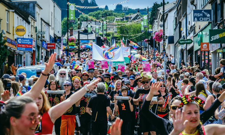 People line the streets at the first Pride Caerffili